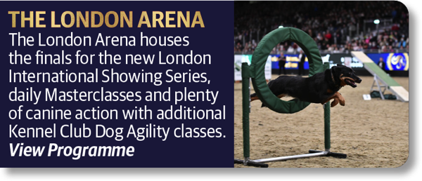 The London Arena - The London Arena houses the finals for the new London International Showing Series, daily Masterclasses and plenty of canine action with additional Kennel Club Dog Agility classes.